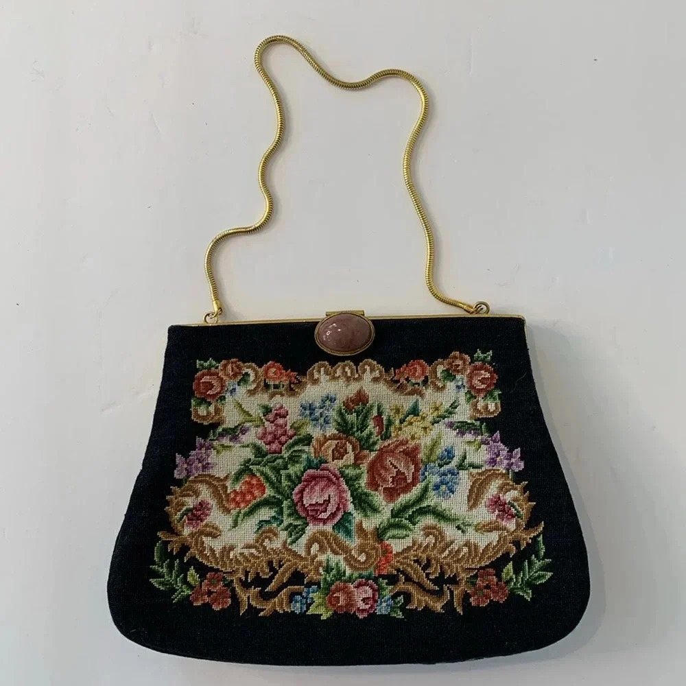 Vintage Floral Petit Point Rose Quartz Gold Filigree Embroidered Black Handbag - Picture 4 of 16